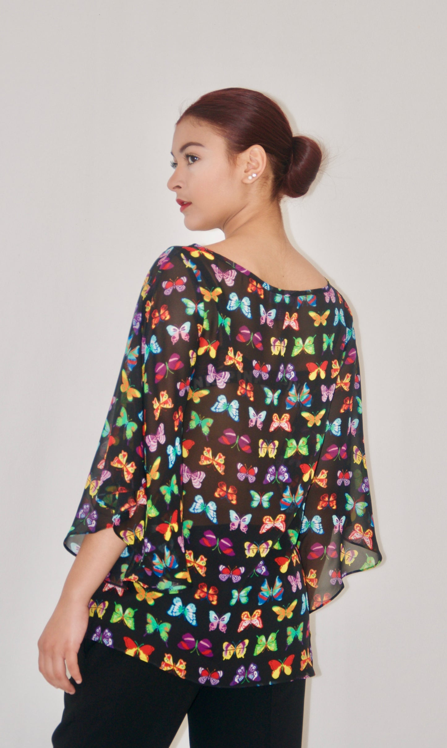 Black Butterfly Print Fluted Sleeve Tunic
