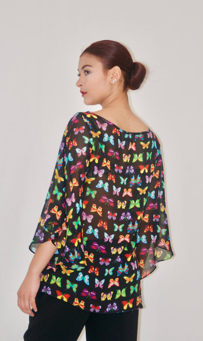 Black Butterfly Print Fluted Sleeve Tunic