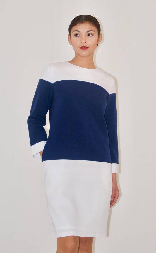 Navy and White Color Block Shift Dress
