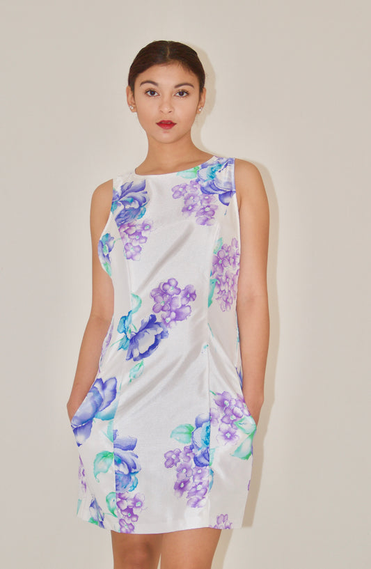 Blue and Lavender Floral Print Mini Dress