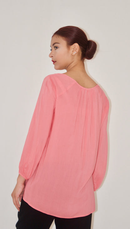 Pink Asymmetrical Long Sleeve Blouse