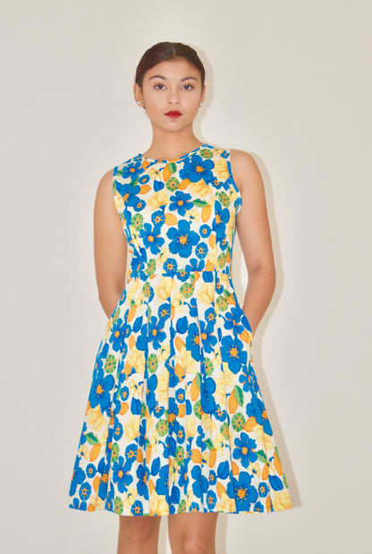 Blue and Yellow Floral Cotton Poplin A-Line Dress