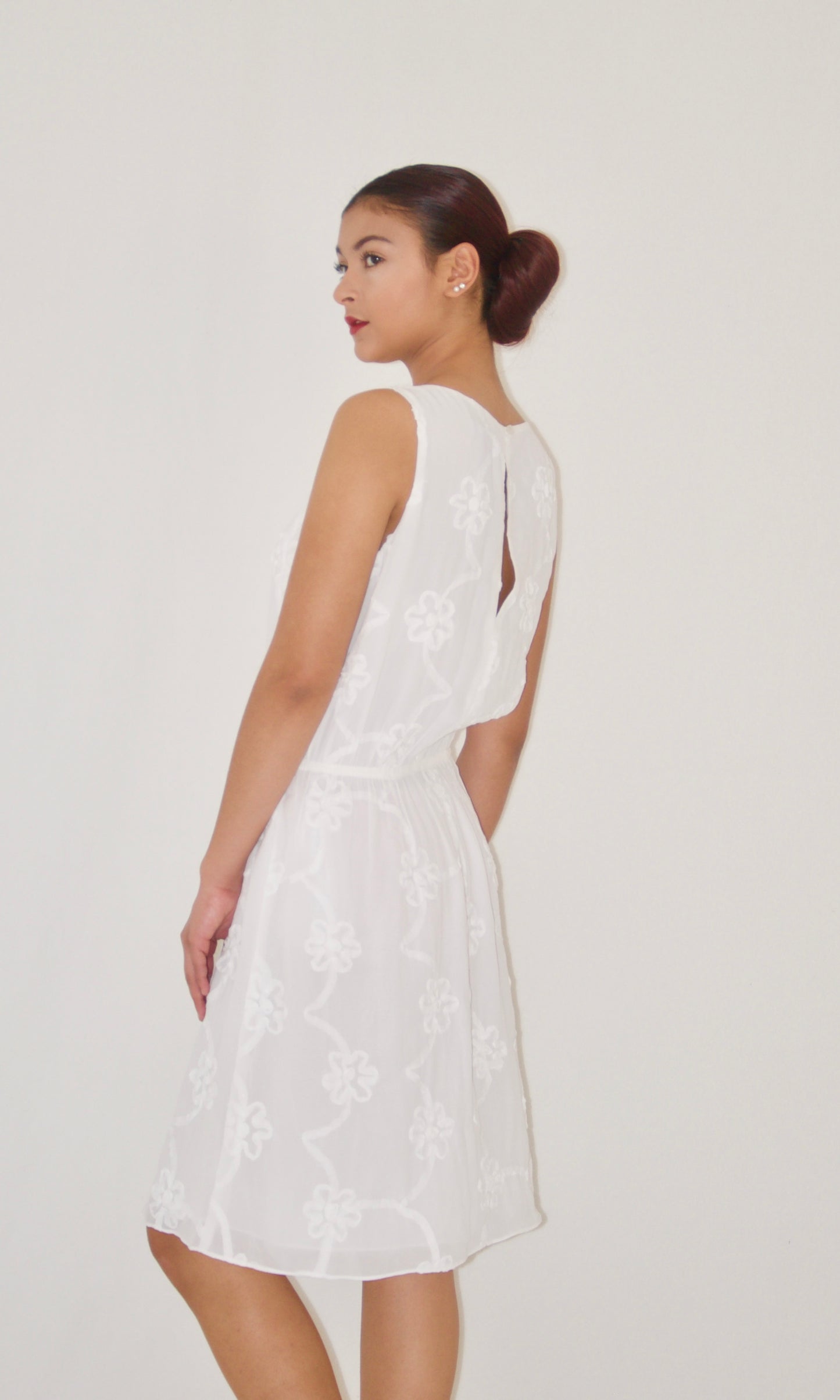 White Floral Detailed Chiffon Midi Dress