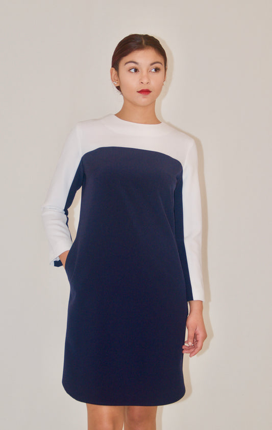 Navy And White Color Block Ponte Shift Dress
