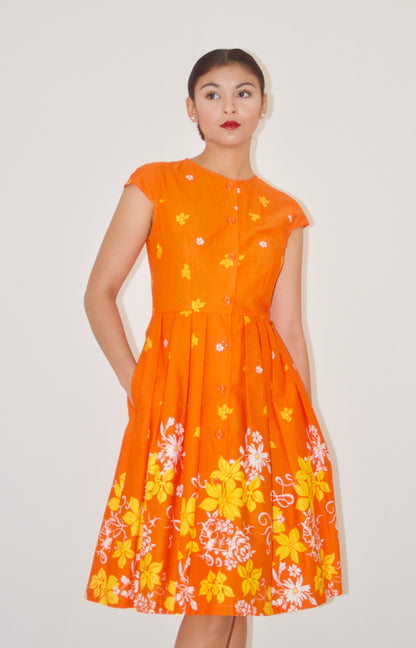 Orange Floral Print Cotton Poplin Shirtwaist Dress