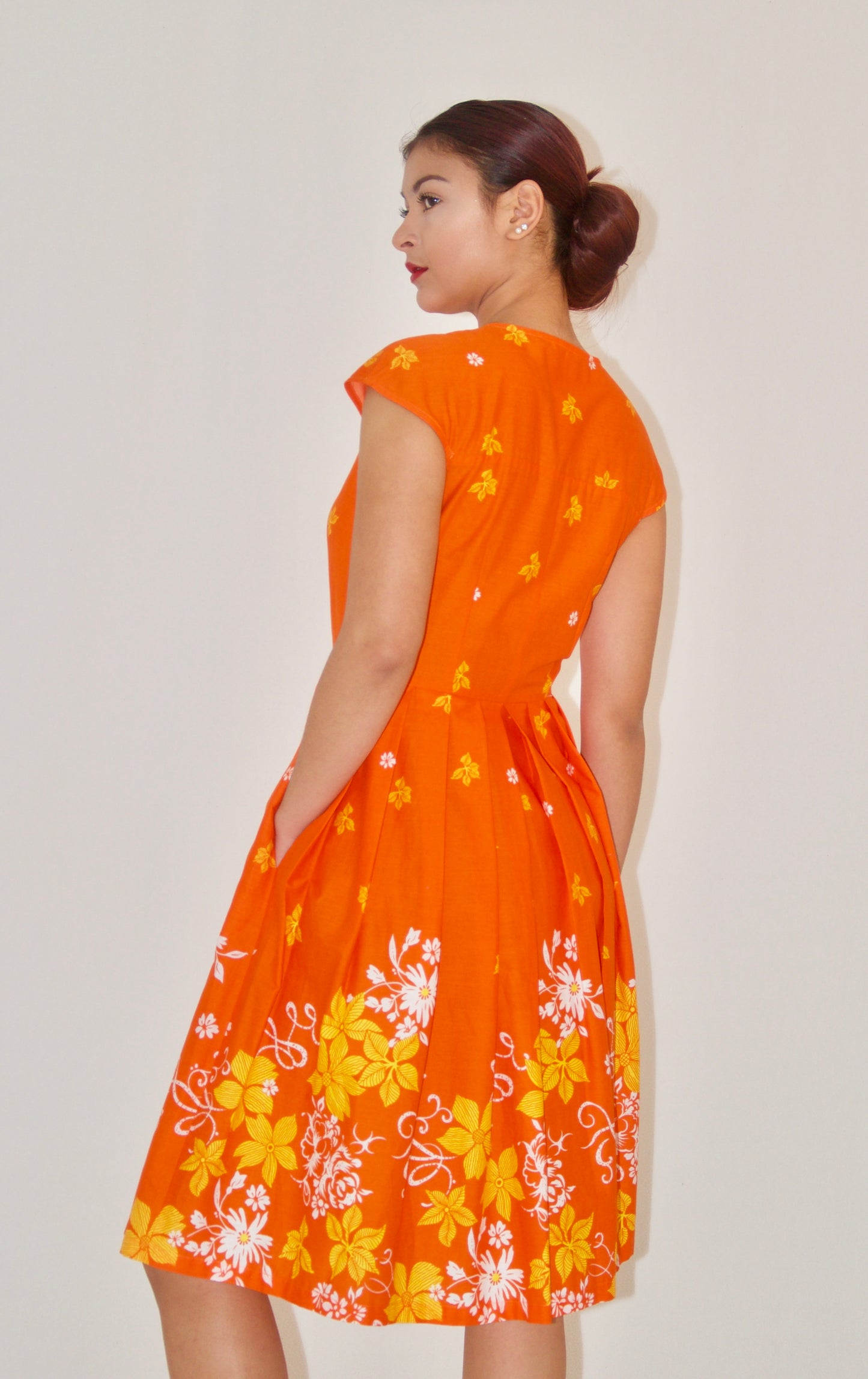 Orange Floral Print Cotton Poplin Shirtwaist Dress