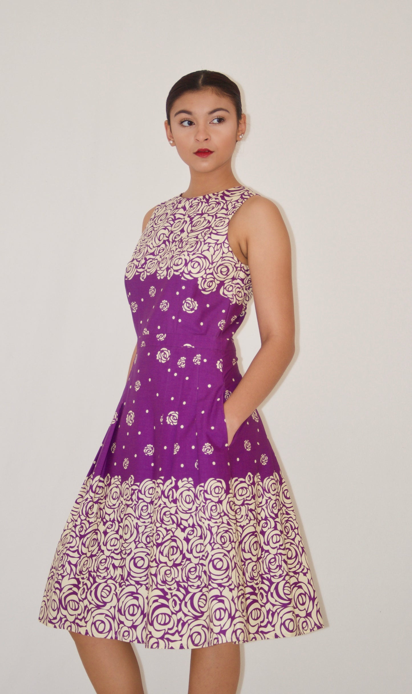 Purple and Cream Floral Print Cotton Poplin A-Line Dress