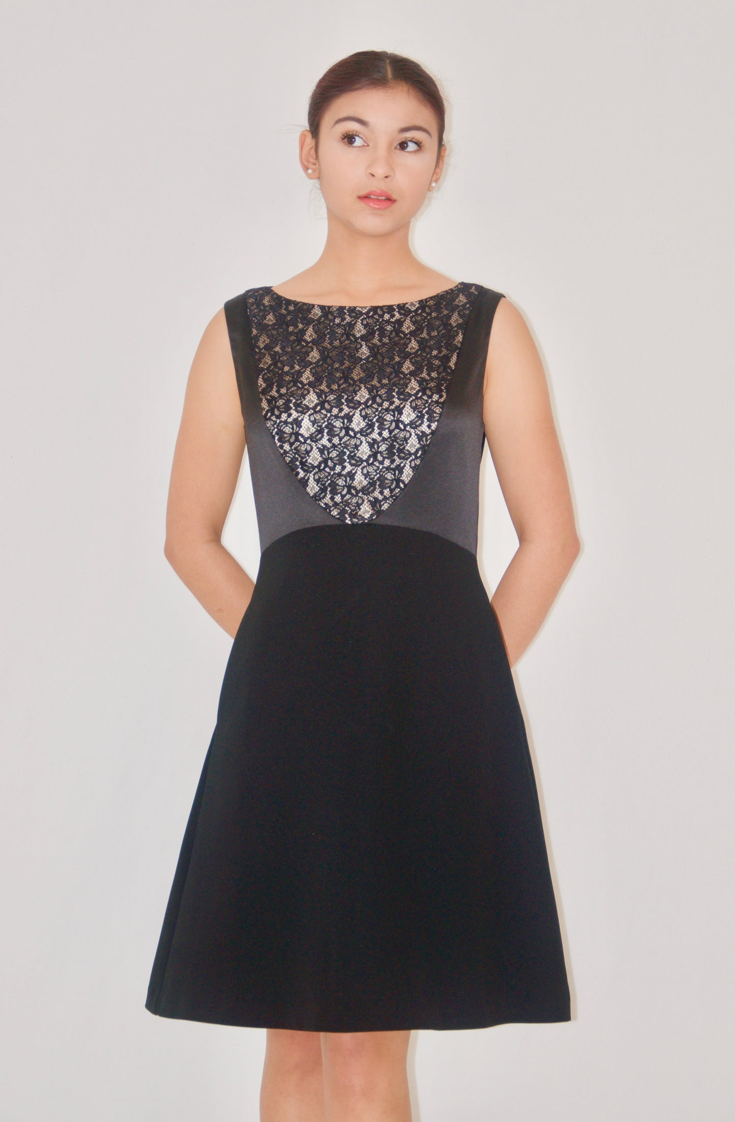 Black Lace Satin Embellished A-Line Dress