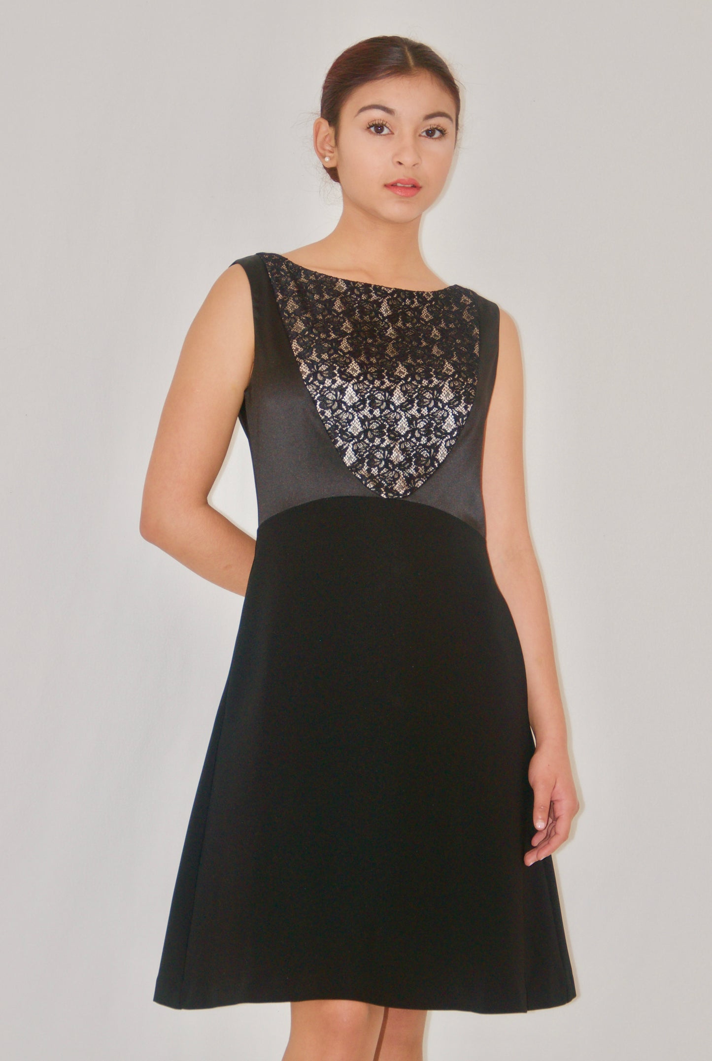 Black Lace Satin Embellished A-Line Dress