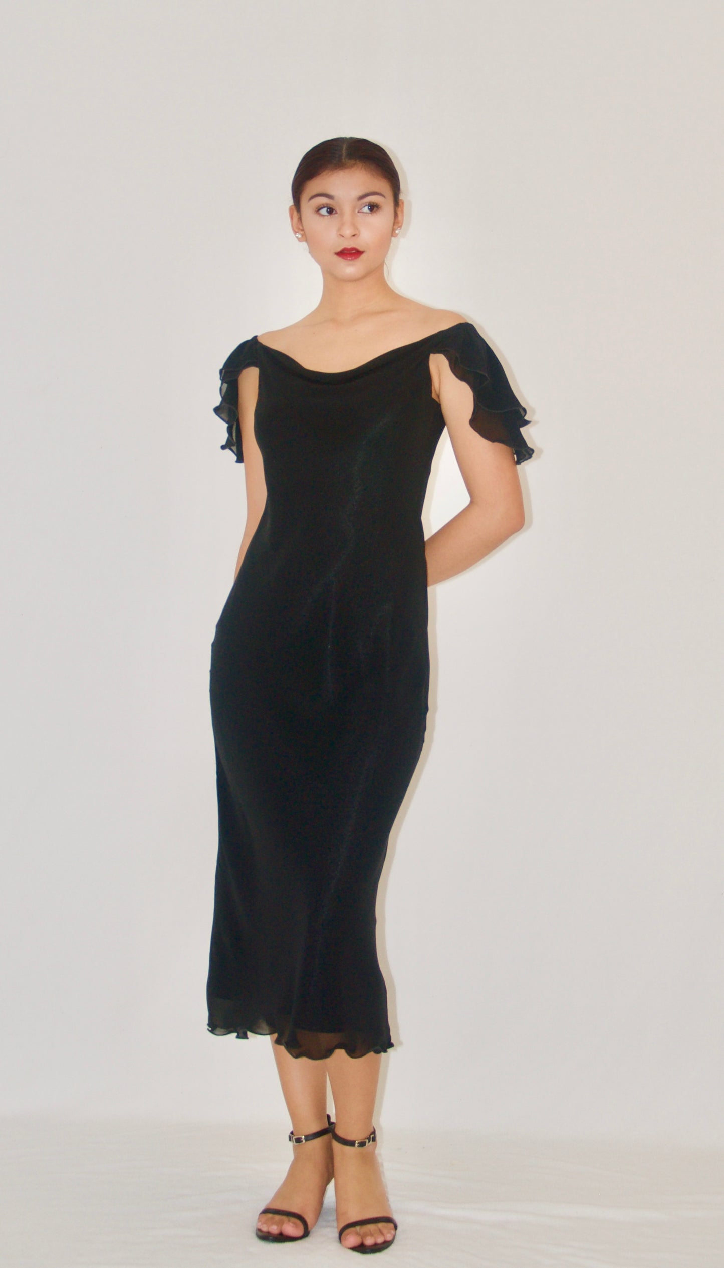 Black Off-The-Shoulder Chiffon Gown