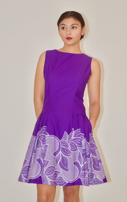 Purple Leaf Print Fit and Flare Cotton Poplin A-Line Dress