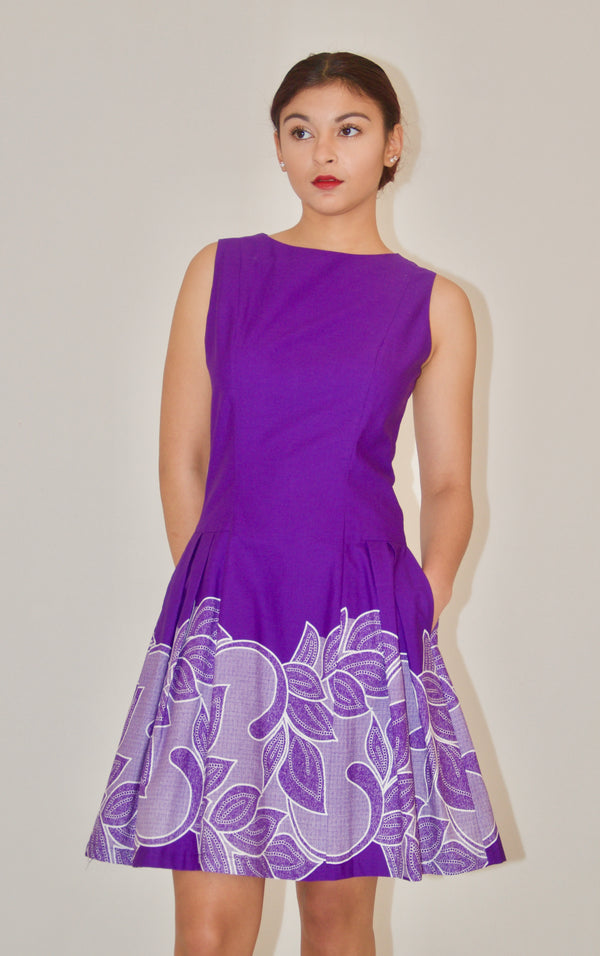 Purple Leaf Print Fit and Flare Cotton Poplin A-Line Dress Olivia Dress Purple Leaf Print Fit and Flare Cotton Poplin A-Line Dress Olivia Dress