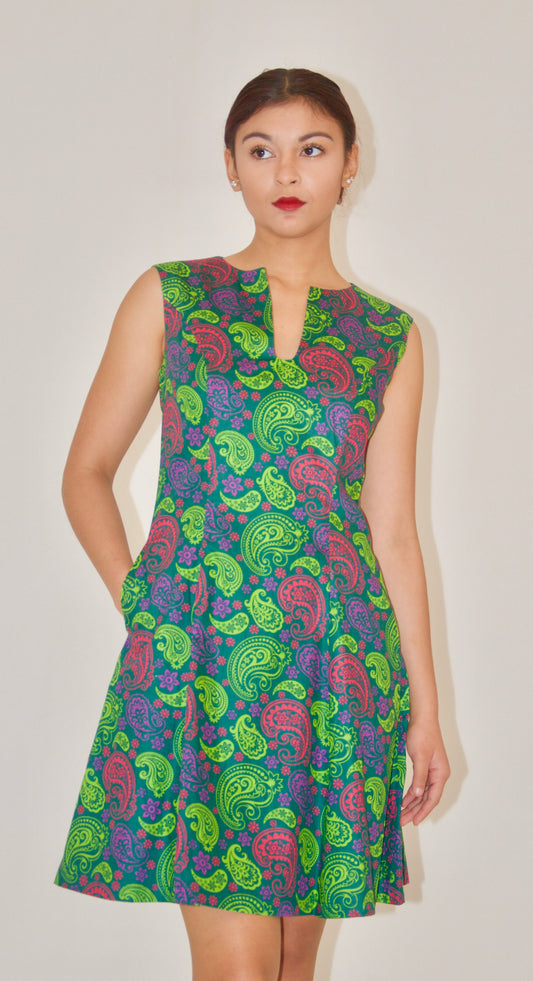 Green and Pink Paisley Print Cotton Poplin A-Line Dress