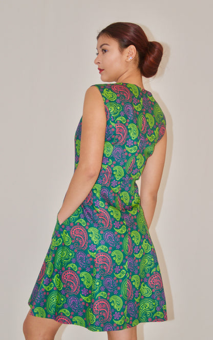 Green and Pink Paisley Print Cotton Poplin A-Line Dress