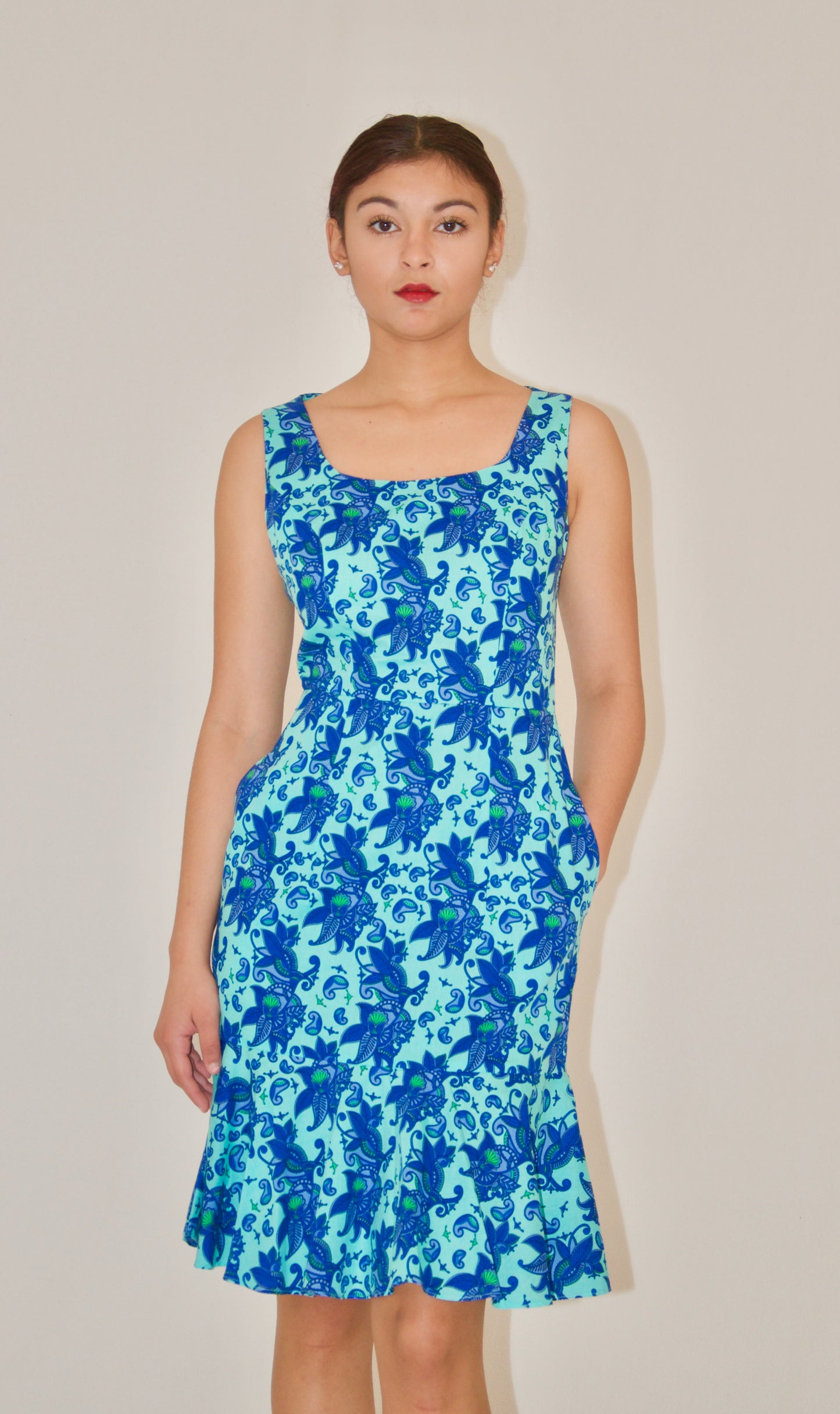 Blue Floral Print Flounce Sheath Dress
