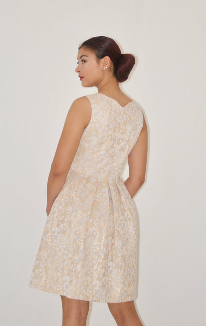 Cream Jacquard Print Fit and Flare Dress