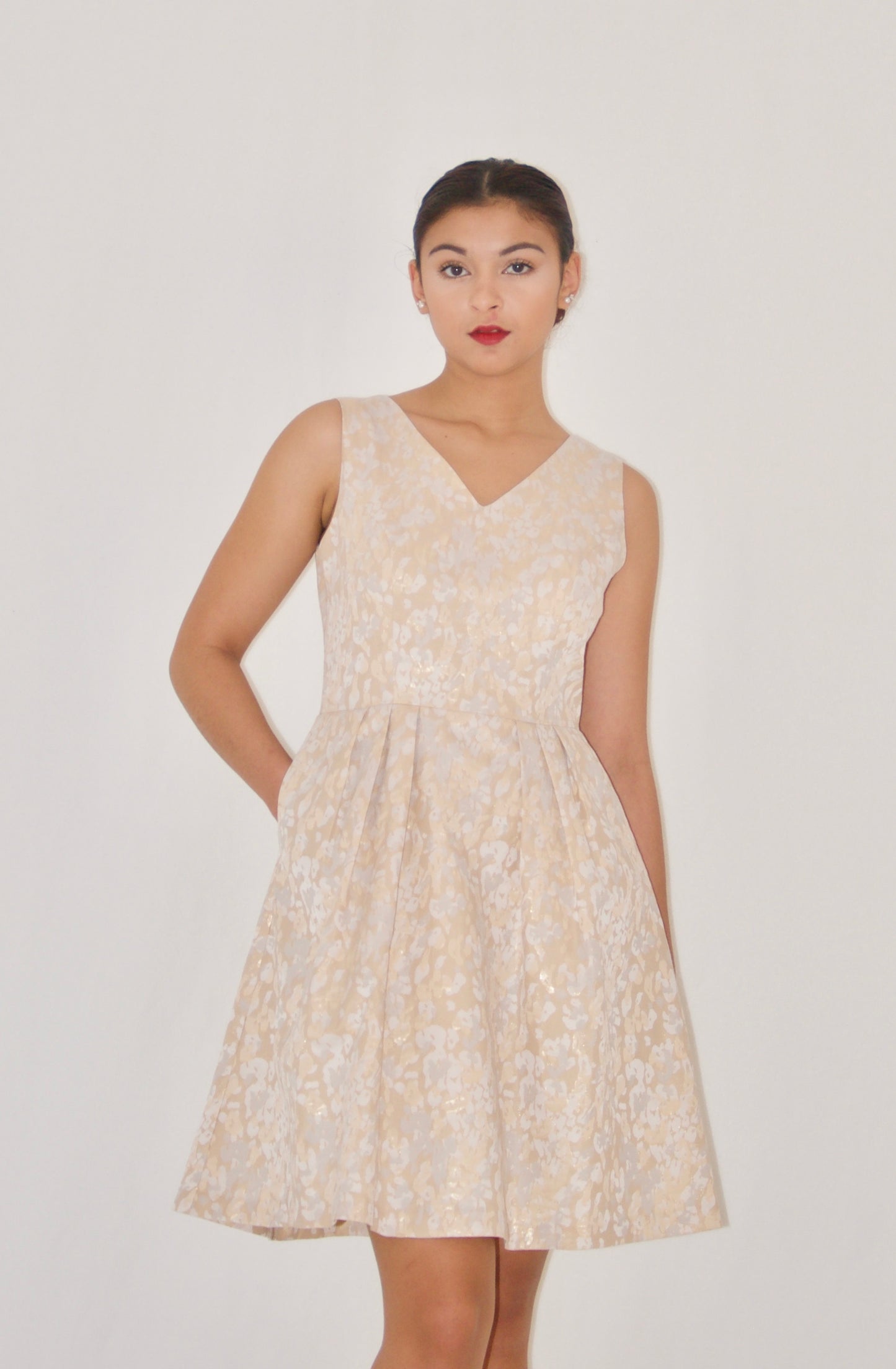Cream Jacquard Print Fit and Flare Dress